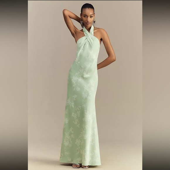 BHLDN Dresses & Skirts - BHLDN Ruby Twist Halter Satin Gown Size 4 Sage Green Floral
Maxi Bridesmaid Dres
